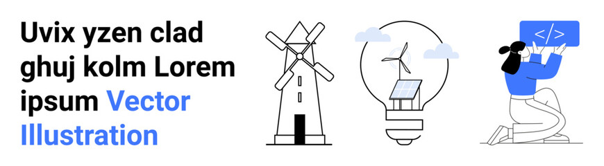 Renewable energy, innovation, technology, coding, education, creativity. Features a windmill, solar panel in a lightbulb and a person coding. Renewable energy and innovation highlighted