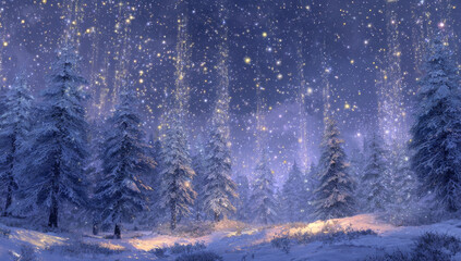 Enchanting Winter Forest Scene with Snowfall and Soft Light.
