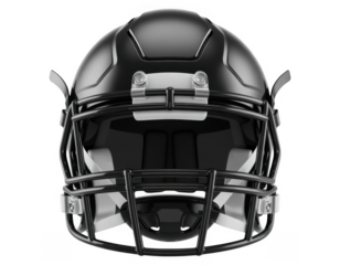 Black American football helmet with face mask and chin strap isolated on a transparent background