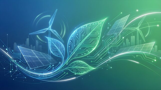 Futuristic Green Technology Background with Renewable Energy and Eco Digital Network
