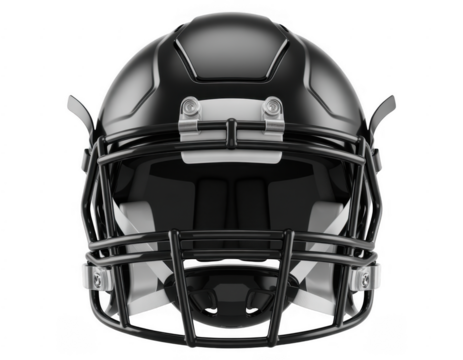 Black American football helmet with face mask and chin strap isolated on a transparent background