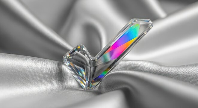 Prismatic confirmation check mark on luxury draped satin evoking clarity and acceptance
