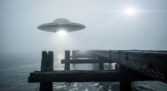 Eerie encounter over the ocean pier with a UFO casting its light on the misty water