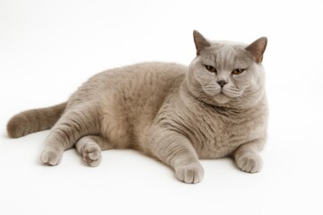 Obraz premium Satisfied British shorthair cat lying on its side on pure white background thick plush fur and round face clearly visible