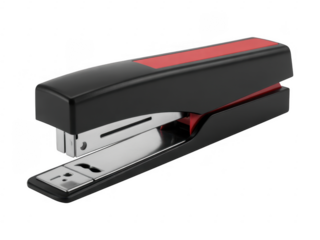 Black and red stapler office supply with metallic silver base isolated on a transparent background
