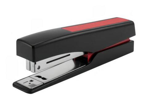 Black and red stapler office supply with metallic silver base isolated on a transparent background