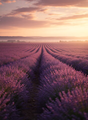 Fototapeta premium Rows of vibrant purple lavender flowers stretch towards a soft, glowing sunset.