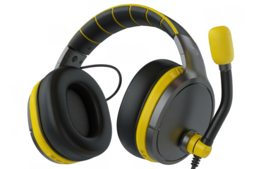 Black and yellow gaming headset with microphone and padded earcups isolated on a transparent background