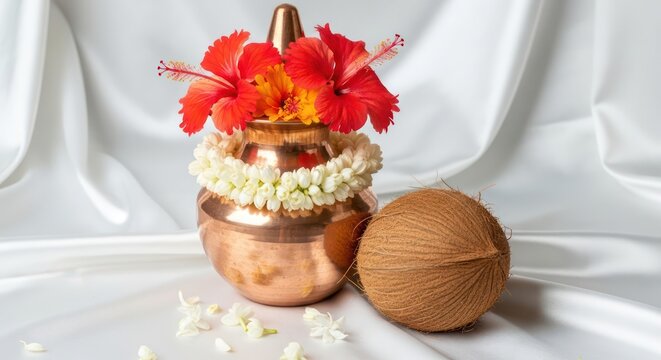 Vibrant flowers adorn a copper pot alongside a coconut on flowing white fabric portraying cultural