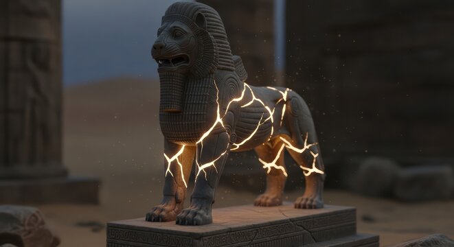 Enigmatic lamassu statue with glowing fissures, embodying ancient power and enduring legacy