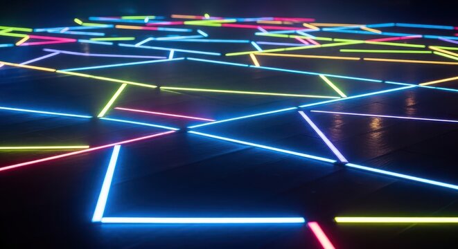 Dynamic interplay of vibrant neon light rods creating geometric patterns on a dark surface
