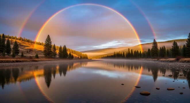 Scenic landscape featuring a serene river reflecting a vibrant double rainbow over forested hills - Powered by Adobe