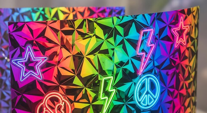 Holographic rainbow pattern with peace sign lightning bolt and star icons
