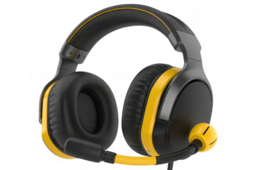 Black and yellow gaming headset with microphone on a black background isolated on a transparent background