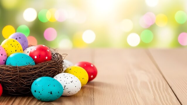 Colorful easter eggs in nest on wooden table with bokeh