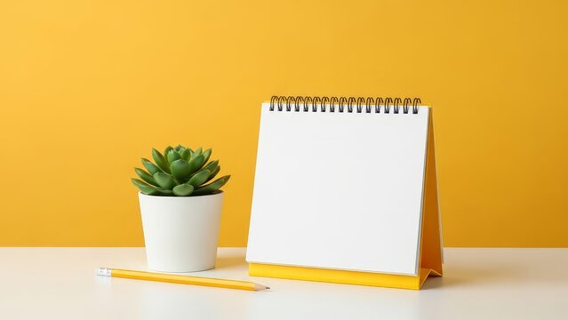 A desk calendar with a succulent plant and a pencil against a yellow background on a white surface