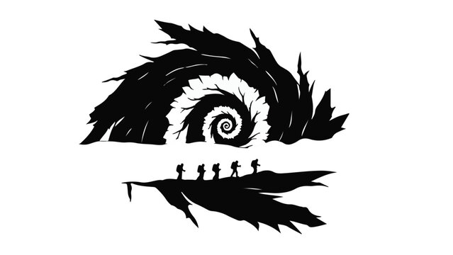 Tiny figures journey into a vast, swirling vortex of darkness and uncertainty