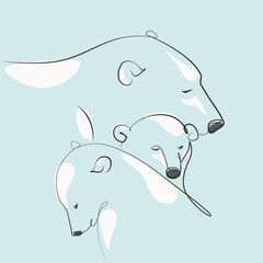 mother polar bear with two cubs one line drawing. mother polar bear with two cubs single line illustration. mother polar bear with two cubs minimalist line art
