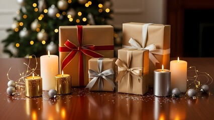 Christmas gifts and candles with christmas tree in background