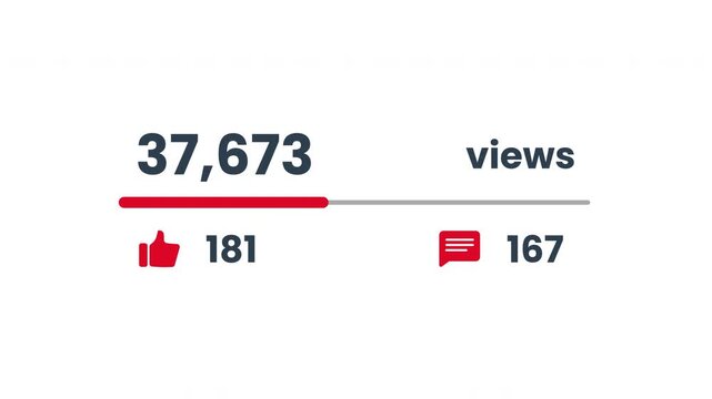 Energetic escalating social metric animation demonstrating upward movement of views likes and comments with sharp transitions and rapid expansion effects prores alpha channel 4k 60fps