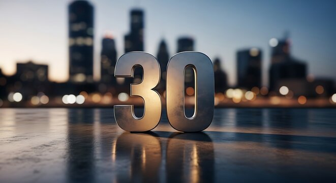 Celebrating thirty years number 30 with a blurred cityscape background at dusk