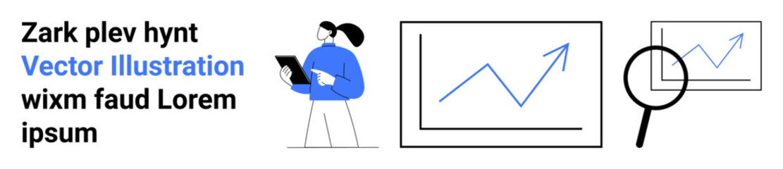 Business growth, data analysis, financial insights, statistics review, workplace productivity, report monitoring. Person analyzing graph and magnifying glass on chart. Business growth and data