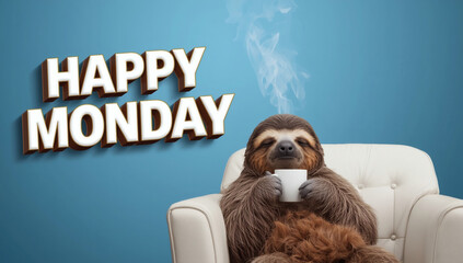 Obraz premium Happy Monday Grumpy Sleepy Sloth on Sofa with Coffee, 3D Text, Blue Background, Copy Space