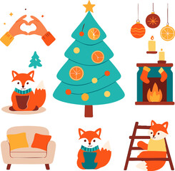 Festive christmas illustrations fox tree decorations and cozy elements