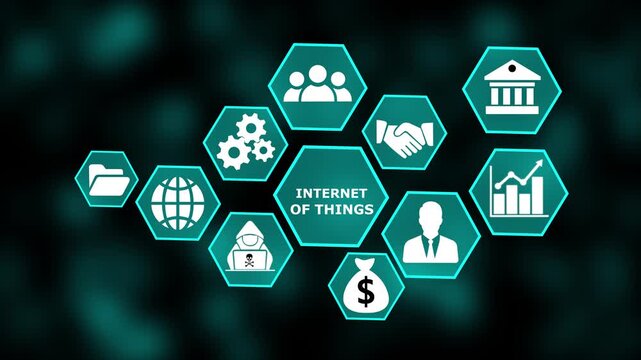 Internet of things Concept with Modern Technology, Data Analytics and Futuristic Business Graphics. Internet of things business concept on a flashing computer monitor on a background. 4k video