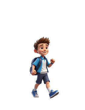 A cheerful animated boy walks confidently, wearing a blue shirt and shorts, with a backpack slung over one shoulder.