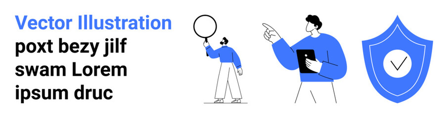 Two characters exchanging ideas while holding tablet and magnifying glass, accompanied by shield with checkmark. Ideal for teamwork, brainstorming, data security, analysis, problem-solving