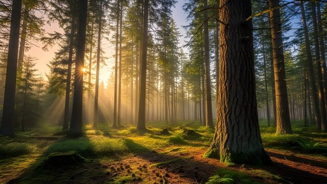 Sunlight filtering through a dense evergreen forest
