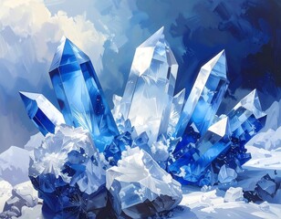 Stunning digital art piece featuring clusters of blue crystals