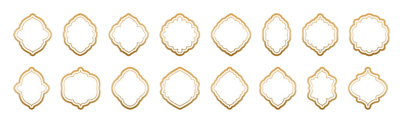 Islamic vintage frames outline with gold gradient isolated on transparent background. Lines shapes ornate, badges, labels set. Frames in Arabic Muslim design for Ramadan Kareem. Mosque gate shape