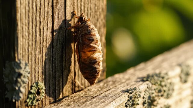 Cicada Exoskeleton Hanging on Wood Post