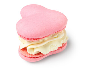 Sweet heart-shaped macaroon on white background. Valentine's Day celebration
