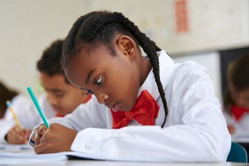 Focused Young Student Writing in Classroom - Education and Learning Concept