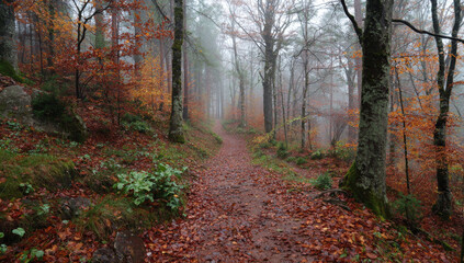 Obraz premium Autumnal Forest Path - A Serene Walk Through Natures Embrace.