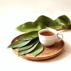 Premium Betel Leaf Herbal Tea Elegant Ceramic Cup with Fresh Piper Betle Leaves, Wellness, Natural Remedy & Ayurvedic Drink