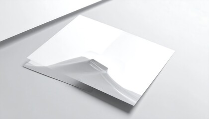 Overhead shot of a glossy white document folder, partially open. Slight shadows give dimension to the plain layout
