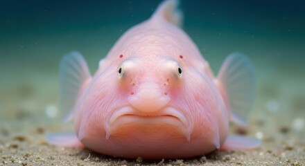Unique close-up of a pink blobfish residing on the seabed showcasing its distinctive gelatinous