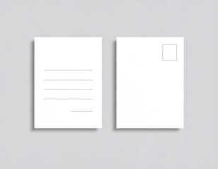 Two rectangular blank postcards against a muted gray background, one showing lines for writing, the other with a postage stamp box