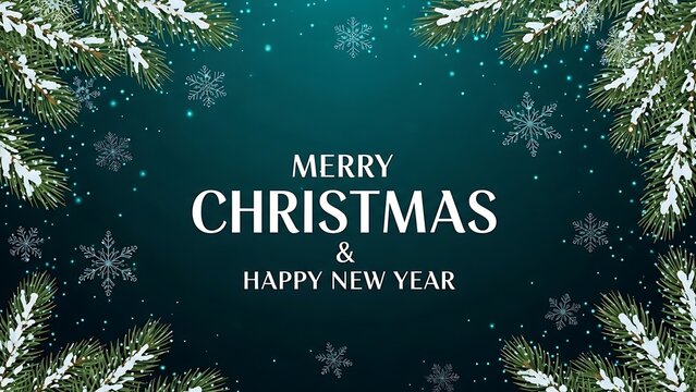 Festive merry christmas and happy new year greeting with snowflakes and pine branches