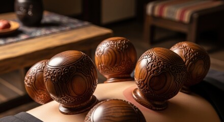 Artistic cupping therapy session showcasing carved wooden cups on patient's back for wellness