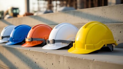 Vibrant array of safety hard hats on a construction site, symbolizing essential worker protection and collaborative project development