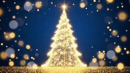 Magical Christmas Celebration Scene with a Dazzling Golden Tree and Sparkling Festive Lights on a Deep Blue Bokeh Background