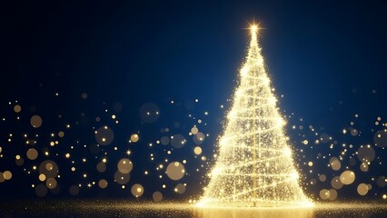 Radiant Golden Christmas Tree Illuminating a Dark Blue Background with Festive Bokeh Lights and Sparkling Effects