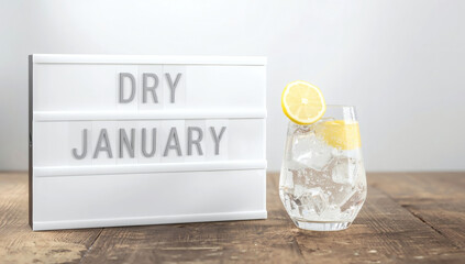 Dry January Mocktail Celebration Sleek Silver Lightbox with Sparkling Drink on Rustic Table for Modern Sobriety, Wellness, and Healthy Lifestyle
