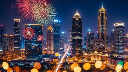 Dazzling Fireworks Illuminate a Dynamic Metropolis at Night, Showcasing a Vibrant Urban Landscape with Sparkling City Lights