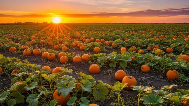 Golden Sunset Over Vast Pumpkin Patch Field Ripe Orange Gourds Growing Abundantly Autumn Harvest